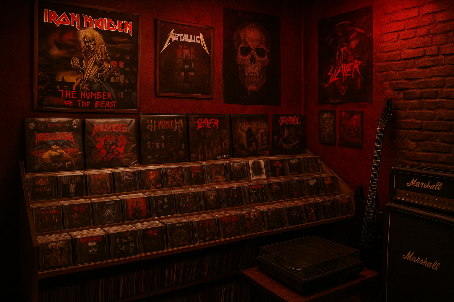 Interior de uma loja de heavy metal com estantes de CDs, amplificadores e pôsteres nas paredes